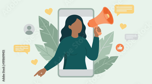 Social Media Marketing Concept with Woman Using Megaphone from Smartphone