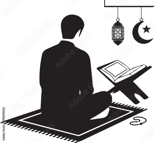 Muslim Man Reading Holy Quran on Rehal Sitting on Prayer Mat with Lantern and Crescent Moon Silhouette