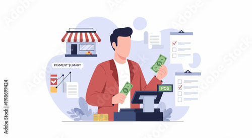 Cashier counting money at the checkout counter in a store.