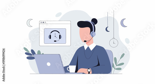 Customer service representative working at a desk with a laptop and headset.