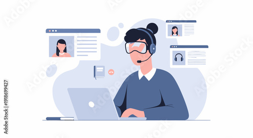 Customer service representative working on laptop with headset.