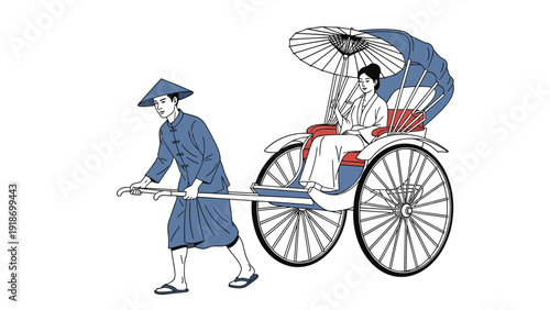 Traditional rickshaw puller wearing a conical hat transporting a woman with an umbrella in a blue carriage.