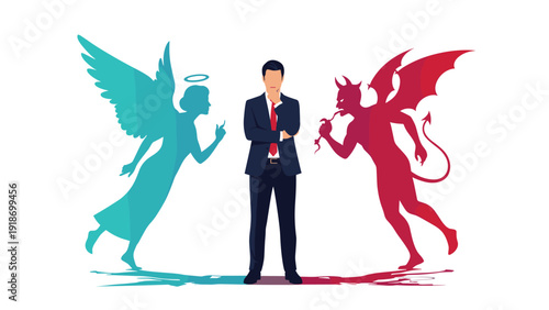 Businessman standing between a blue angel and a red devil representing an ethical dilemma or internal conflict.