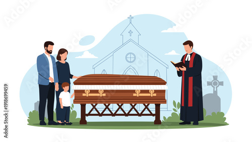 Family including parents and a child standing by a wooden casket in a cemetery with a priest reading from a book.