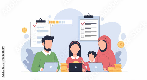 Diverse Family Completing Online Tasks Together on Laptops.