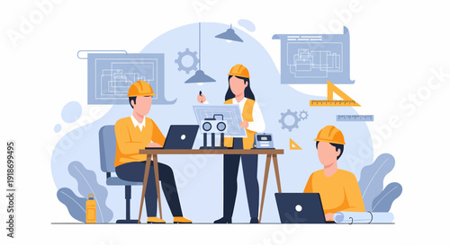 Engineers collaborating on a project working together in a professional setting.