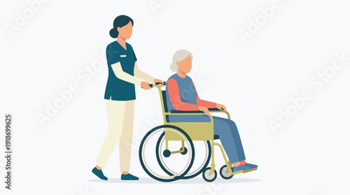 Caregiver pushing elderly woman in wheelchair, illustrating medical assistance