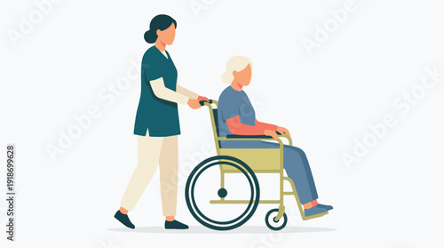 Caregiver or nurse pushing an elderly woman in a wheelchair, providing assistance