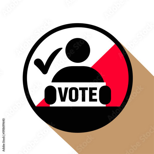 Minimal flat vector illustration of a voting concept icon, featuring a black silhouette of a person holding a ballot paper labeled “VOTE,” inside a bold circular frame. A checkmark symbol appears besi