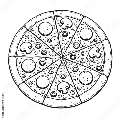 A black and white vector artwork showing a tasty pizza covered in rich toppings, capturing a playful, warm, and inviting food themed visual concept.