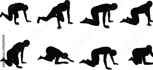 Set of black silhouettes showing people crawling on floor and kneeling in different poses for fitness exercise and motion design