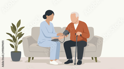 Healthcare worker takes blood pressure of elderly man at home