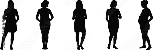 Pregnant woman silhouettes front back and side view standing poses isolated on white background maternity pregnancy vector illustration set