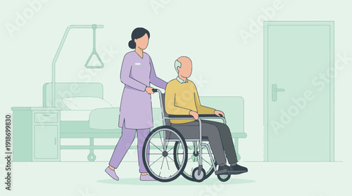 Caregiver pushing elderly man in wheelchair in hospital, medical assistance