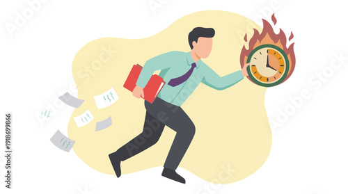 Businessman running with burning clock and flying papers, symbolizing urgent deadline.