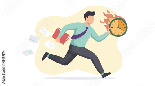 Stressed businessman running with files, battling deadlines and time pressure