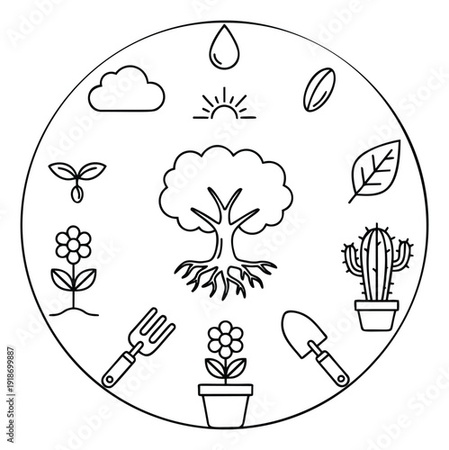 Line art nature icon set featuring plants, weather elements, and garden tools for gardening, ecology, or environment related projects