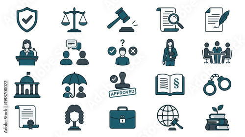 Law and Justice System Icons Set for Legal Services and Judiciary