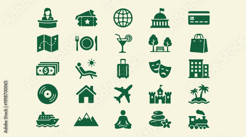 Flat design icons for travel, tourism, leisure, and lifestyle concepts