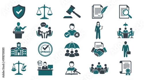 Law, Justice, and Business Administration Flat Icons Set