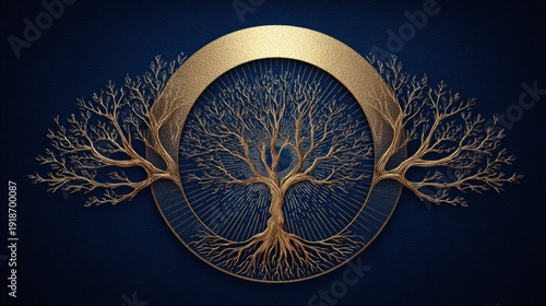 Elegant tree of life emblem with gold accents on blue background