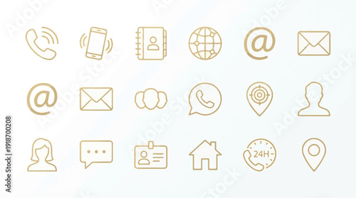 Golden line icons for contact, communication, business, and online services