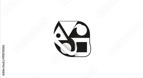 Black and white vector illustration of an abstract electronic camera icon featuring metallic technology equipment and power symbol design elements