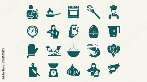 Minimalist Cooking and Food Preparation Flat Vector Icons Set