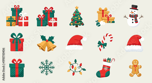 A comprehensive set of Christmas and winter holiday icons featuring vector illustrations of Santa, people, snowmen, and festive decorations like trees, gifts, and bells for New Year celebrations