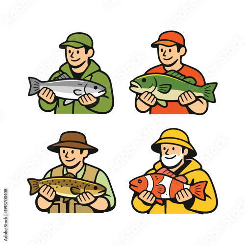 Happy Fishermen Holding Fresh Fish Vector Illustration Flat Design Cartoon Style