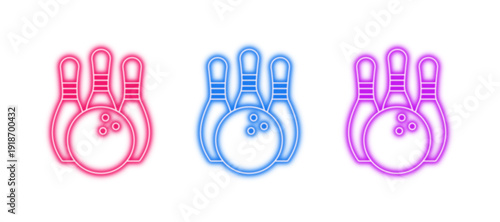 Neon glowing bowling pins and ball vector icons set, sport, game, recreation, leisure, strike, glowing light, vibrant colorful digital design illustration on transparent background.