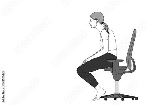 猫背の姿勢で椅子に座る日本人女性のイラスト 全身横向き