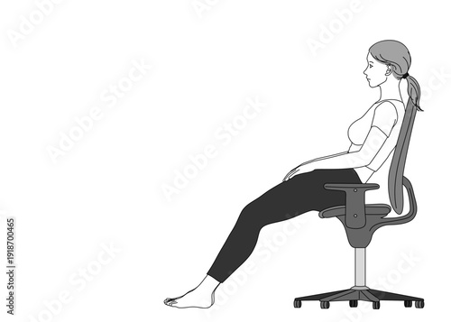 仙骨座り 骨盤後傾の姿勢で椅子に座る日本人女性のイラスト 全身横向き