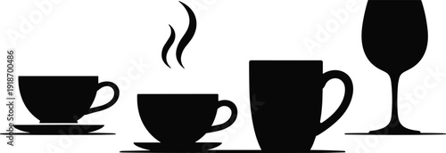Black silhouette coffee cups mug and wine glass set isolated on white background minimal beverage drink icon illustration