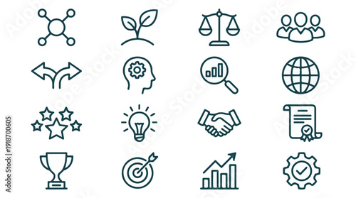 Business and Success Line Icons Set: Growth, Strategy, Innovation Concepts