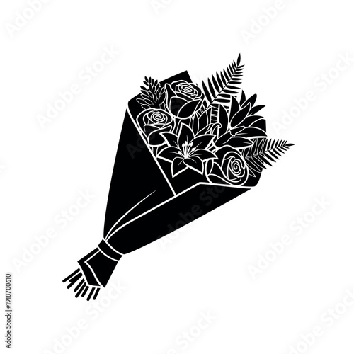 Elegant black and white floral bouquet illustration.