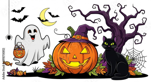 Halloween scene with ghost jack o lantern black cat bats and spider web on tree