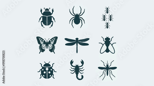 Minimalist insect and arachnid icons set on a clean white background