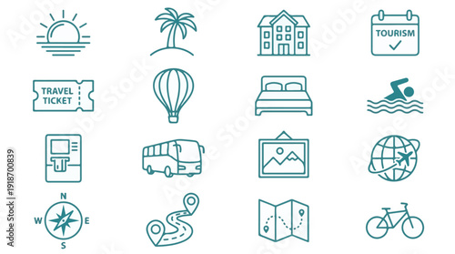 Collection of line art travel and tourism icons for vacation planning
