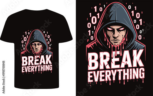 Hooded figure design with binary code and the word break on a t shirt