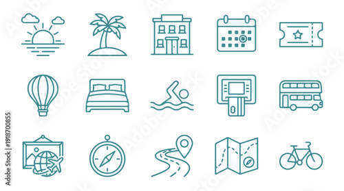 Travel and tourism line icons set for vacation and adventure planning