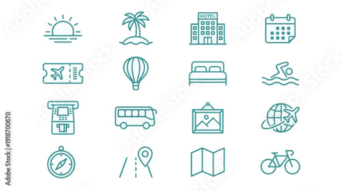 Travel and Tourism Outline Icons Collection for Vacation and Leisure
