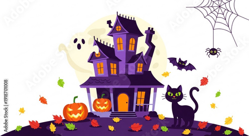 Spooky purple haunted house with jack o'lanterns black cat bats spider web and autumn leaves on a white background for halloween