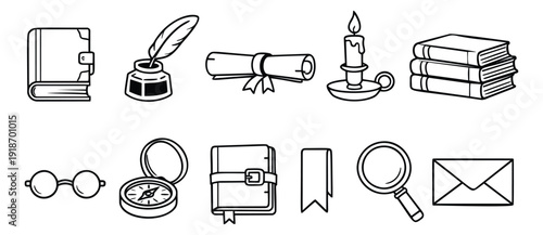 Hand drawn academic objects set featuring books, quill, scroll, compass, and magnifying glass for learning, reading, and exploration