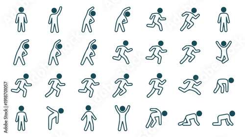Set of vector icons depicting human movement, sports, and exercise