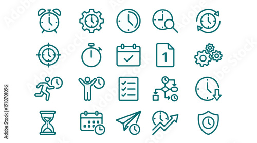 Time management and planning icons set, business productivity outline symbols
