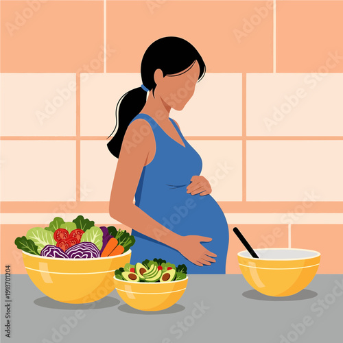 Pregnant woman in a kitchen preparing healthy salads, emphasizing nutrition and well-being during pregnancy.