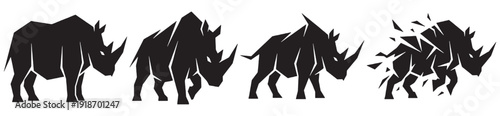 Sequence of four black rhino silhouettes showing progression from solid form to fragmentation.