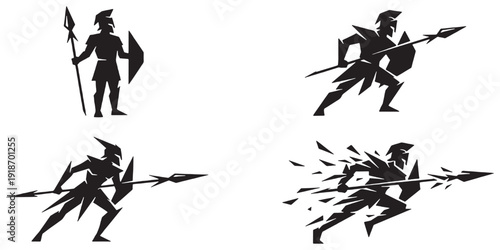 Set of four stylized warrior silhouettes in action poses with spears and shields, representing progression and motion.