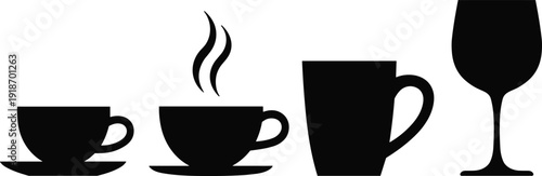 Minimalist black silhouettes of coffee cups mugs and wine glass isolated on white background beverage icon set design